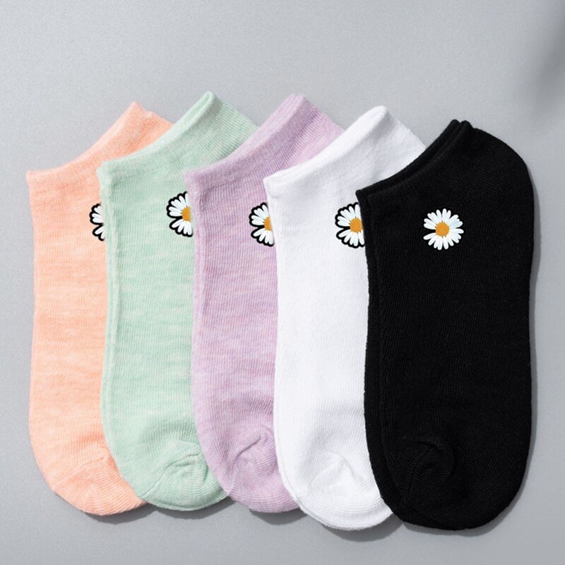 1 Paar Leuke Borduren Daisy Sokken Ademend Sportsokken Effen Kleur Boot Sokken Comfortabele Katoenen Sokjes