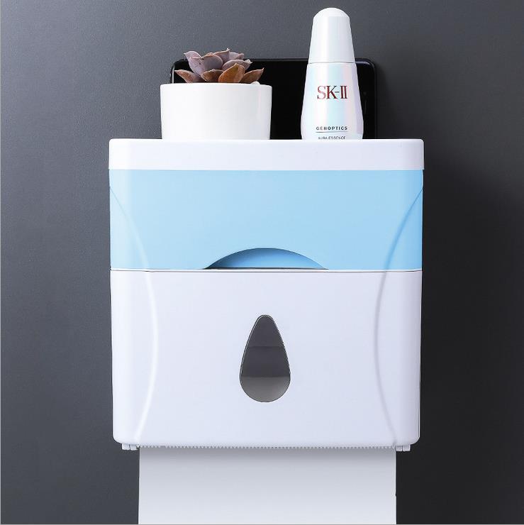 Vandtæt vægmontering toiletpapirholder hylde toiletpapir bakke rulle papirrør badeværelse væv opbevaringsboks: Blå
