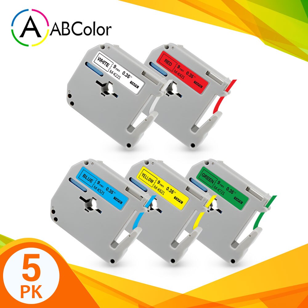 Ruban d'étiquettes 6PK pour imprimante Brother P touch, 9mm, noir sur blanc, mk221, PT70, PT80: 5PK