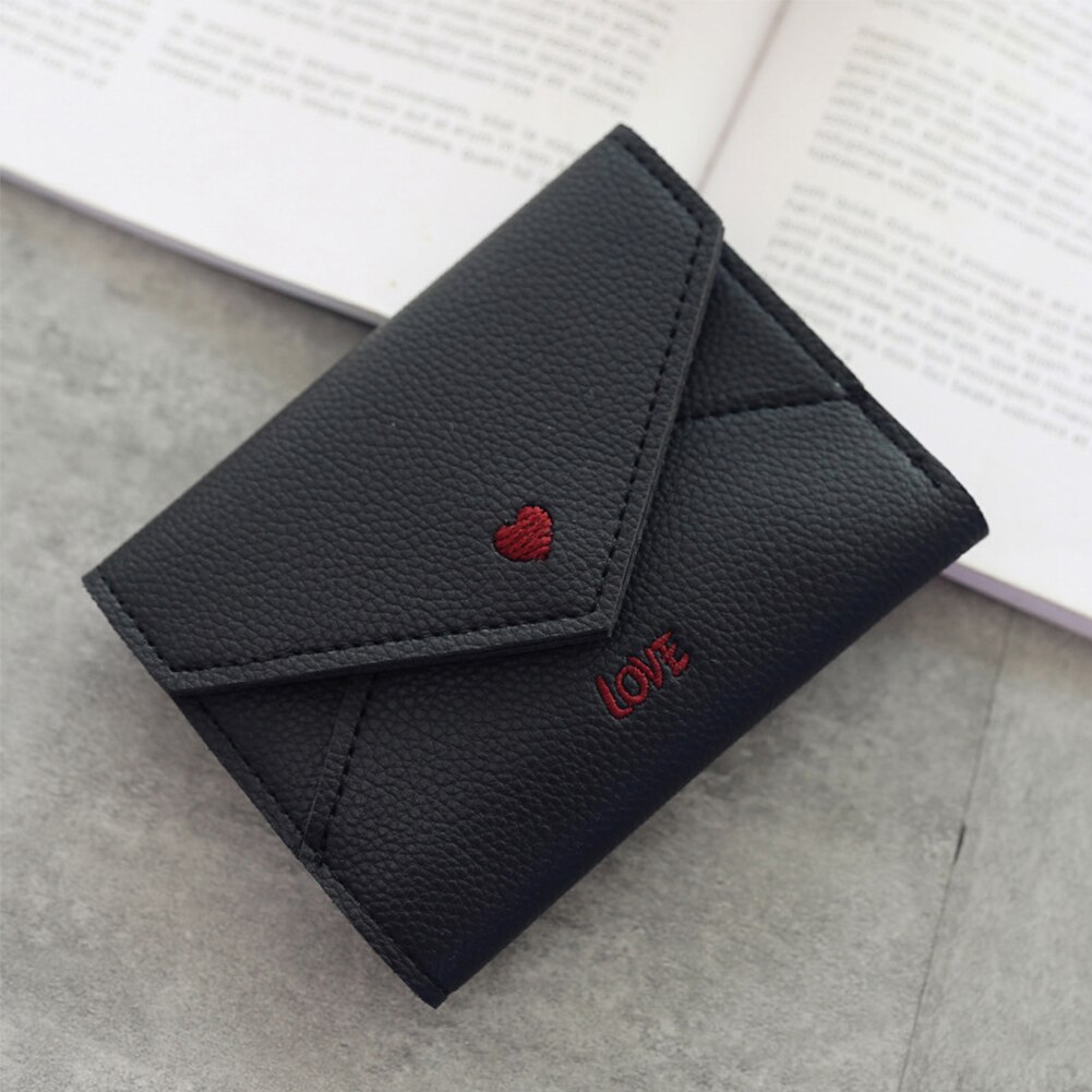 Heart Pattern Portable Mini PU Leather Multifunctional Small Embroidery Coin Pocket Three Fold Card Slots Women Wallet: Black