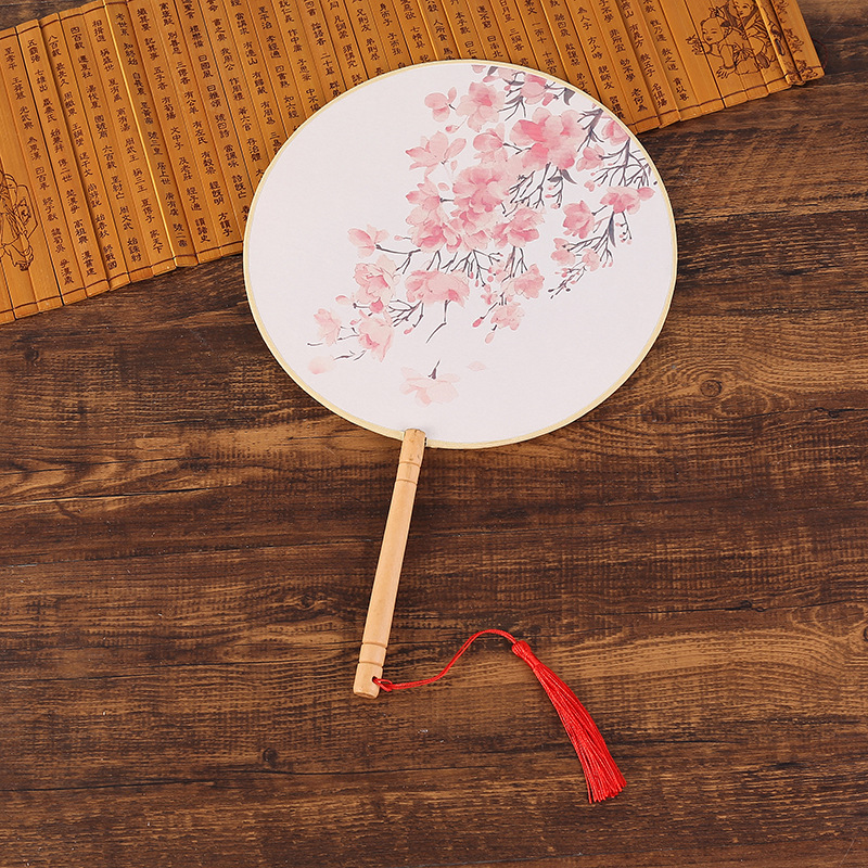 Vintage Round Fan Long Handle Tassel Dancing Hanfu Circular Fan Ancient Chinese Style Classical Printed Court Round Fan Wedding: 17