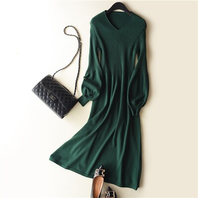 Sweater Knitted Dress Cashmere Long Autumn Women Cashmere Sweater Dress Long Sleeve Pleated Long Knitted Sweater Dresses: dark green