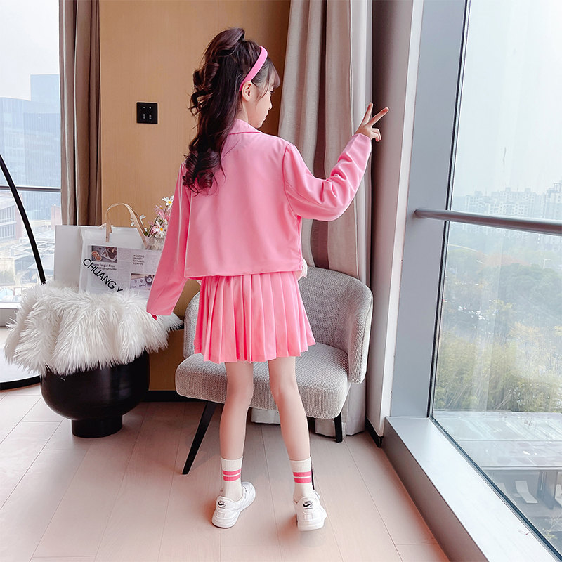 Girls Formal Suit Blazer Jacket+Skirt 2pcs Kids Wedding Party Pink Clothing Sets Teen Girl School Performance Suit 4-13Years Old