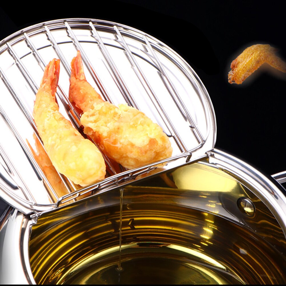 Japanese Tempura Deep Frying Pot with Thermometer Lid Stainless Steel Kitchen Fryer Pan Cookware