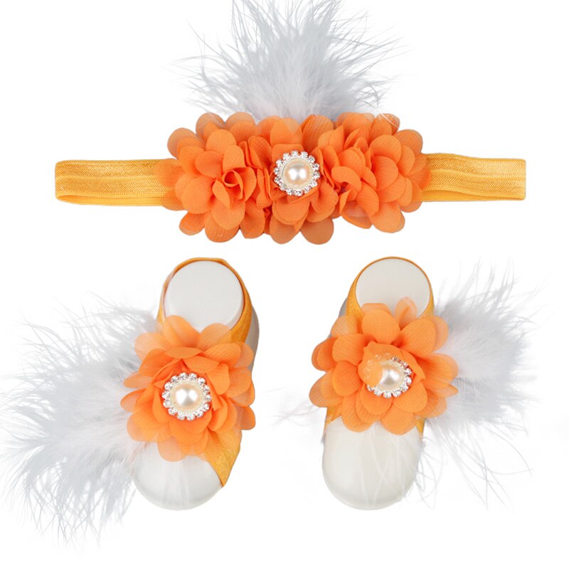 Baby Meisjes Bloem Sandaal Hoofdband Elastische Haarband & Peuter Barefoot Sandalen 1 Paar Baby Photo Prop Set