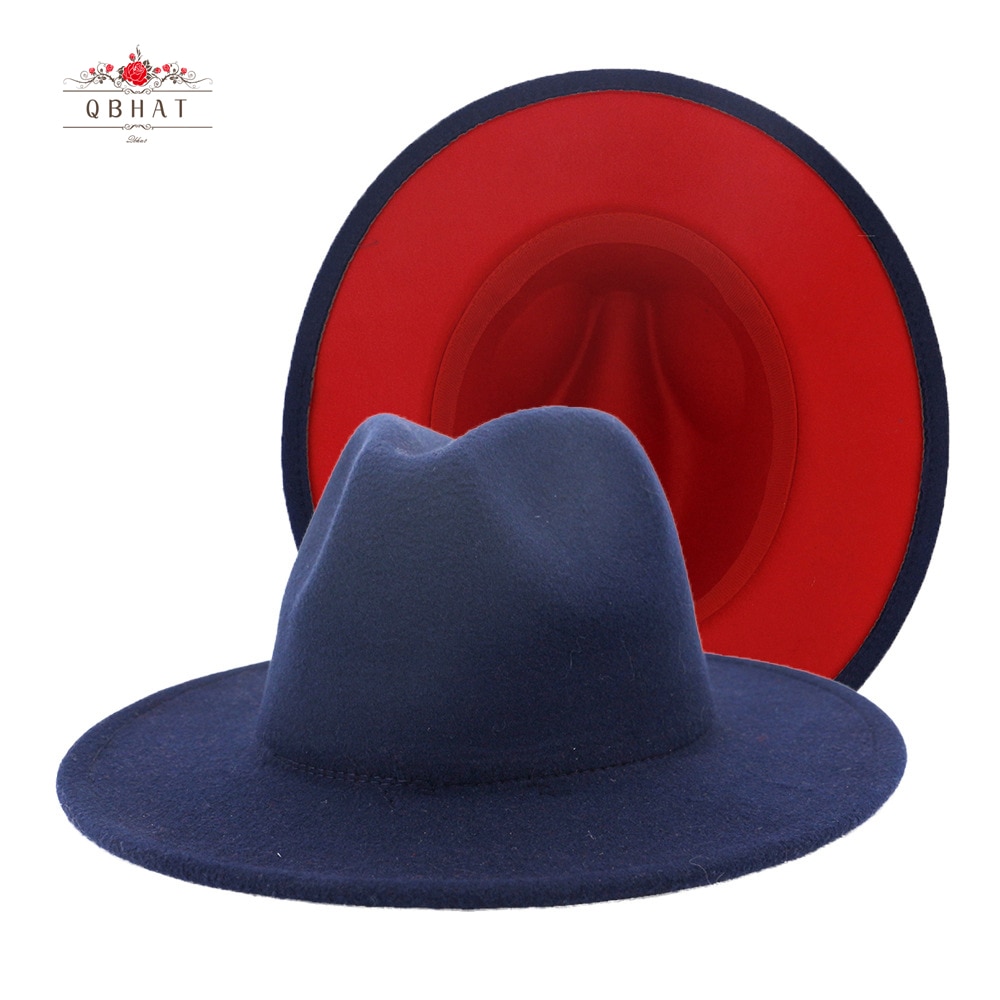 QBHAT-Sombrero de Jazz de fieltro para hombre y mujer, almazuela roja azul marino británico, visera plana, sombreros de Fedora de mezcla de lana, sombrero Vintage Panamá Trilby