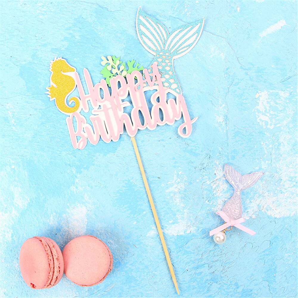 Mermaid Tail Happy Birthday Cake Topper Cake Decoration Flags Baby Boy Girl Kids Party Decoration Supplies Baby Shower Favor