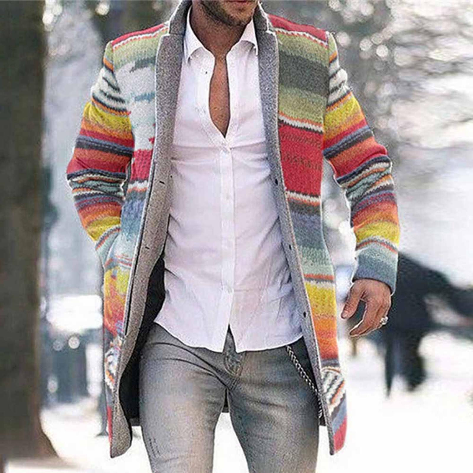Herbst Winter Herren Graben Mantel Regenbogen Streifen drucken Langarm Offene Vordere Graben Mantel Männer Lange Graben Oberbekleidung Männlichen Mantel