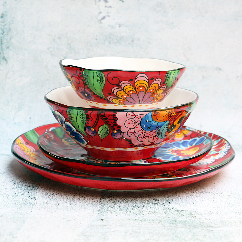 Vaisselle de table en céramique chinoise | Cuisine individuelle, peinte à la main, mariage rouge traditionnel chinois assiette de légumes ménagère bol ouest