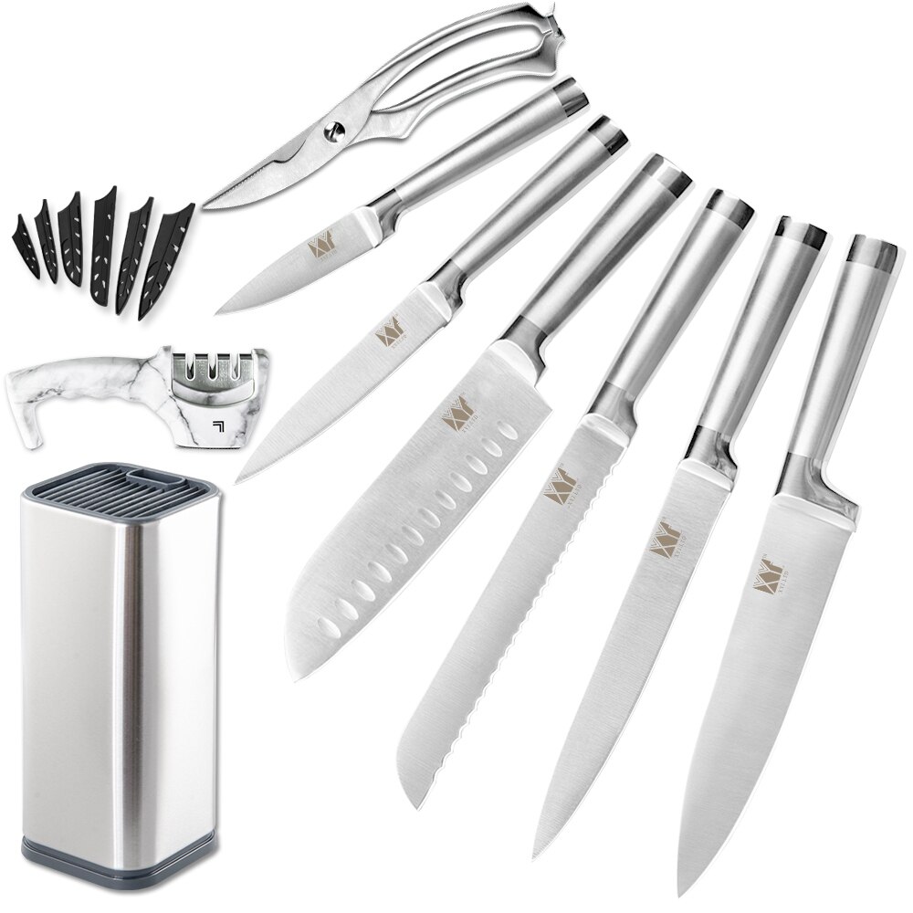 XYj Chef Knife 9pcs Set Stainless Steel Kitchen Knife Sharp Blade Slicing Meat Cleaver With Knives Holder Sharpener: D