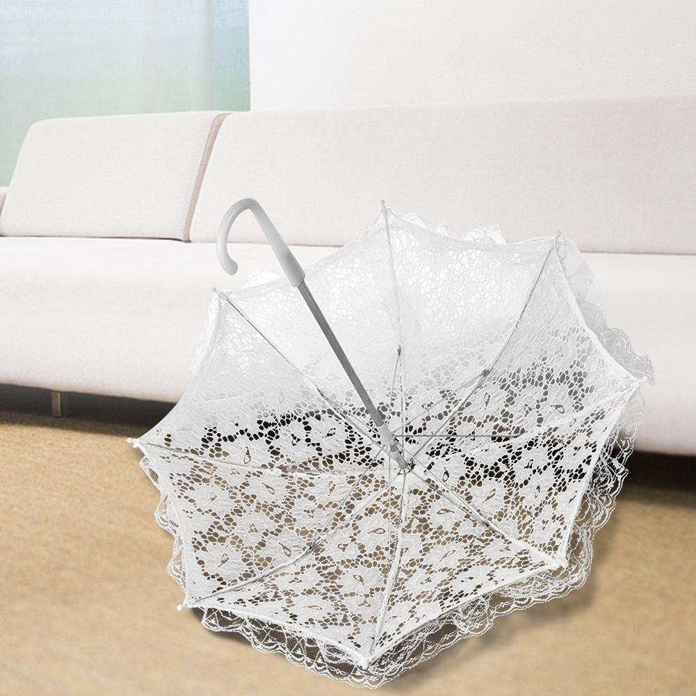 Bryllup blomsterpike hvit dekorativ paraply europeisk og amerikansk stil liten blonderparaply med langt håndtak i rustfritt stål