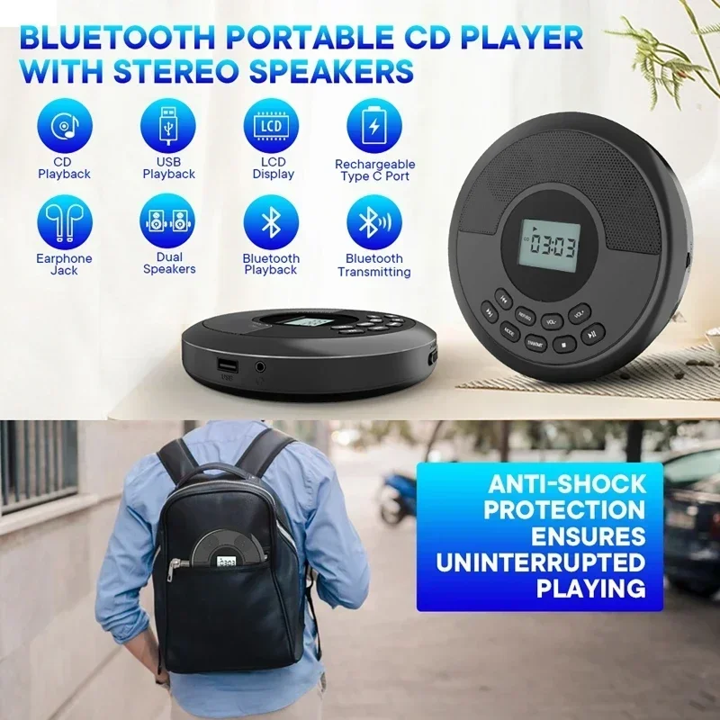 Bluetooth-CD-Player, tragbar, wiederaufladbar, Discman mit Lautsprechern und Kopfhörern, Walkman MP3-Player mit USB-Bluetooth-Übertragung