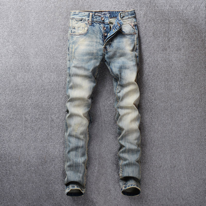 Jean classique vintage pour homme, coupe slim délavée rétro, petit pantalon en denim élastique, 98%  jeans en coton, jeans basiques à boutons