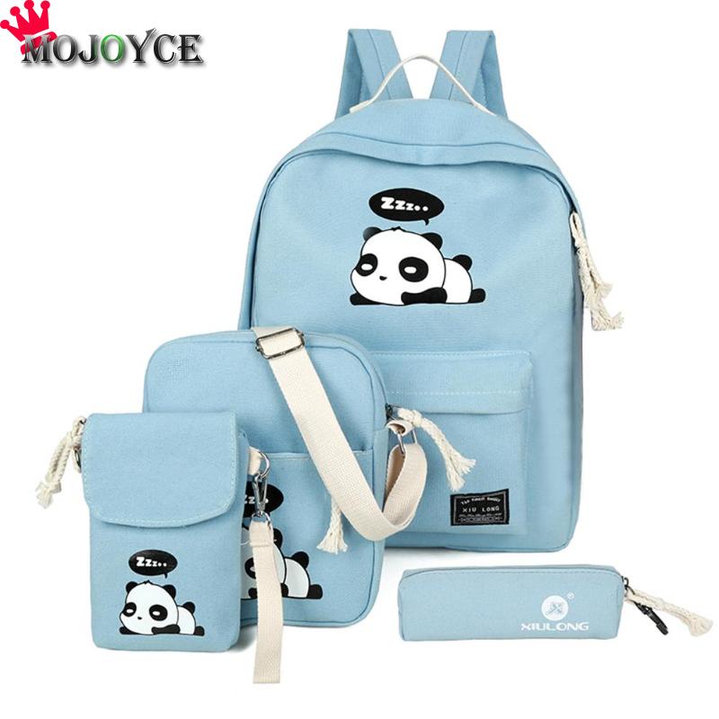4 pçs/set bonito dos desenhos animados das mulheres panda impresso mochilas lona ombro clutch schoolbags composite sac a dos mochila feminina 2018
