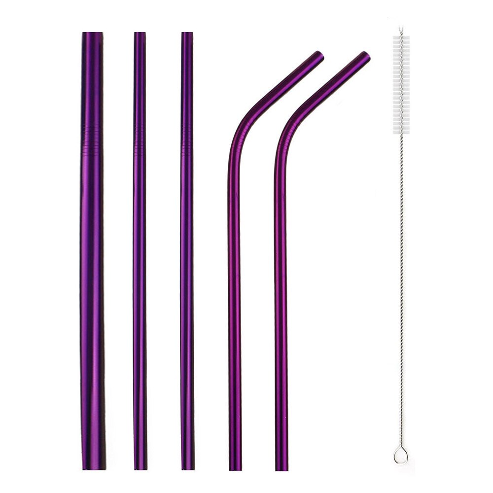 5 piezas Metal reutilizable beber 304 paja de acero inoxidable robusto doblados hacia bebidas pajitas con cepillo limpiador para tazas 20 /30oz: 5PCS Purple Straw