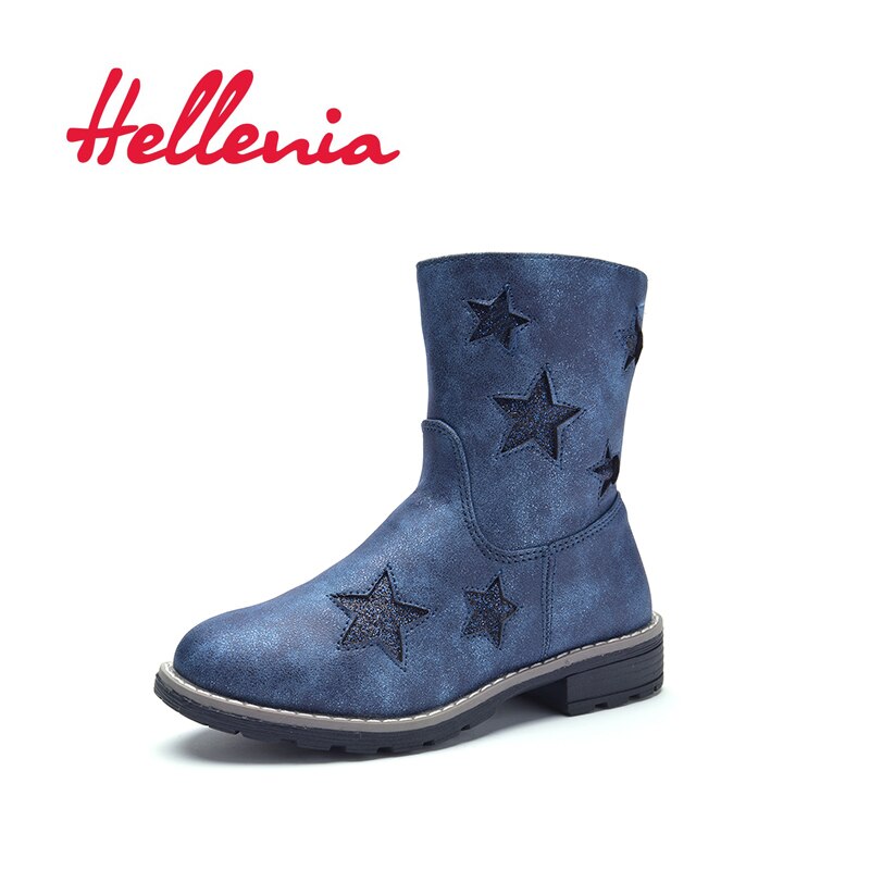 Hellenia Spring little Girls eco-Leather Shoe mesh lining Children Mid Calf Boot boys Brand Navy bling stars size 24-29