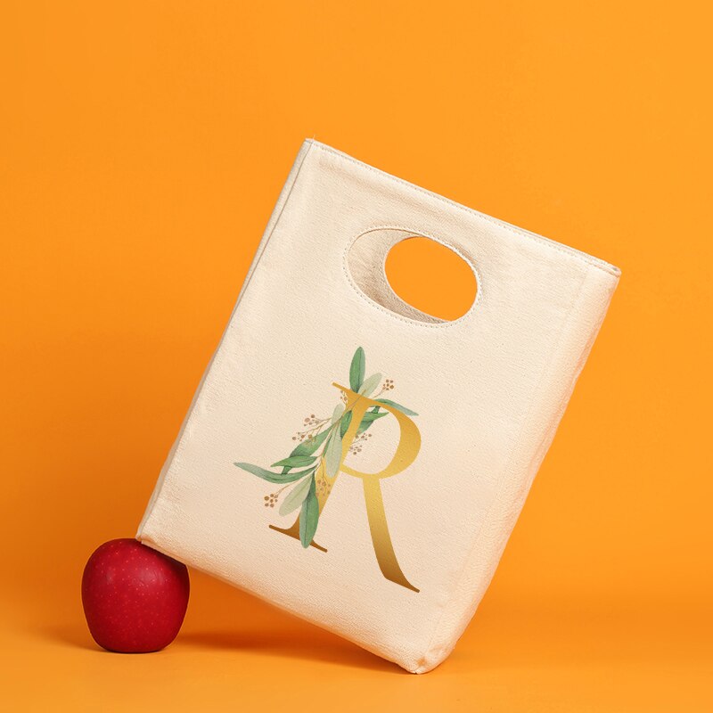 Gold Letter Canvas Neutral Insulated Lunch Bag Canvas Tote Thickened Neutral Reusable Office Picnic Portable Food Storage Bag: 9GoldfR
