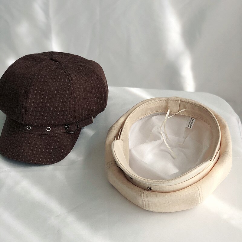 Hat Women Octagonal Cap Beret Striped Retro French Artist Hat Painter Octagonal Hats Black Brown Casual Caps