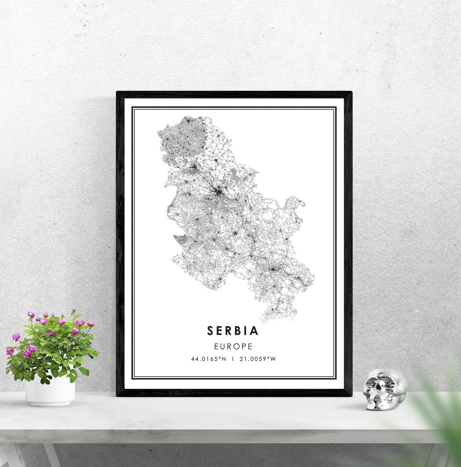 Serbia country map print poster canvas | Serbia Country city map print poster canvas: 20x25cm No Frame