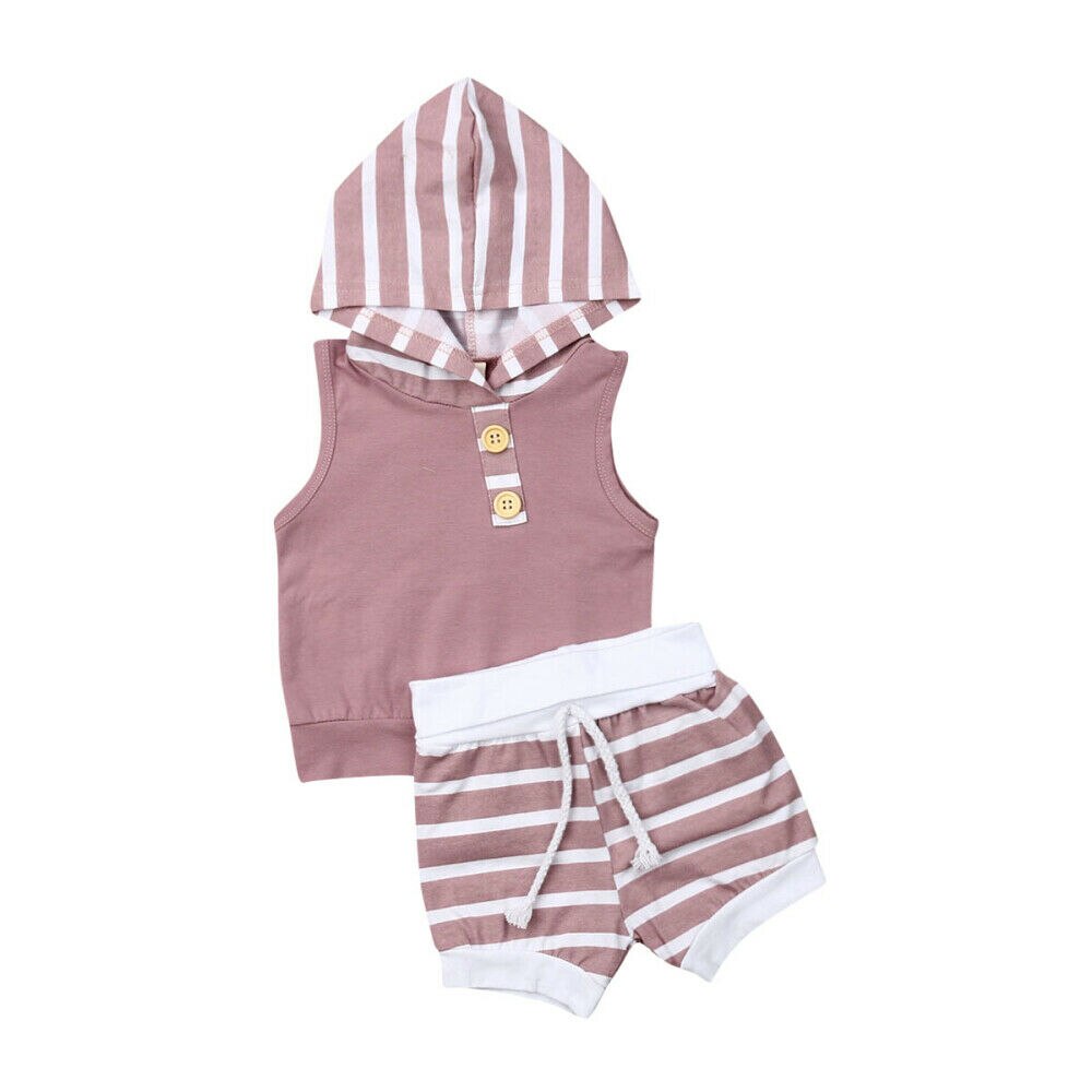 Baby Zomer Kleding Peuter Baby Meisje Jongen Casual Kleding Sets Hooded Streep Tops Vest Korte Broek Outfits 2 Stuks set 0-18 M: Paars / 18m
