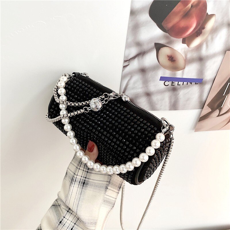 Summer And Autumn Bright Diamond Small Cylinder Bag Women's Bag Fresh Chain Messenger Bag: Black