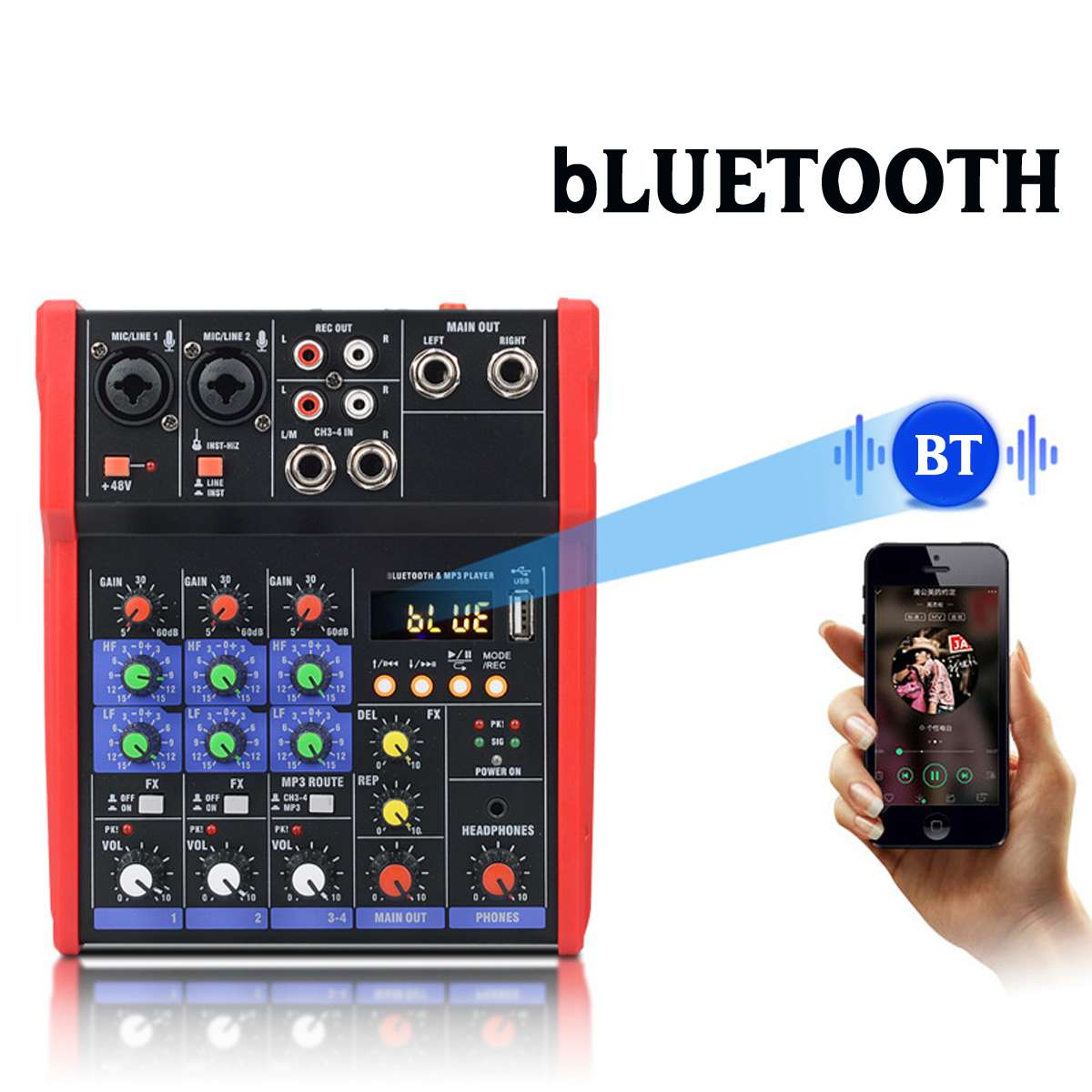 bluetooth Portable Audio Mixer w/USB DJ Sound Mixing Console MP3 Jack 4 Channel Karaoke 48V Amplifier Karaoke KTV Match Party