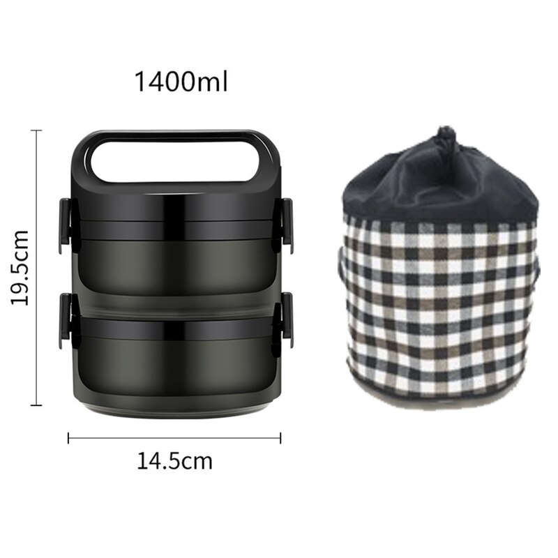 Thermos déjeuner Bento boîte pour étudiant Portable 304 en acier inoxydable multicouche alimentaire Storange conteneur étanche thermique Lunchbox: 2LayerBlack with bag