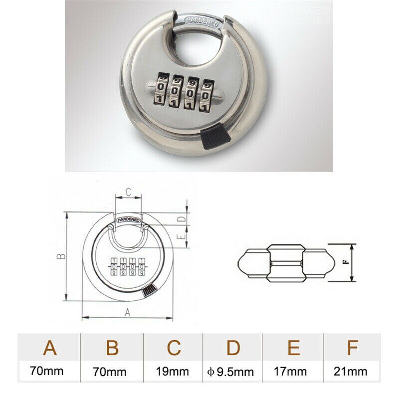 Round Padlock Large 4 Digital Combination Disc Stainless Steel Keyless Lock 70mm