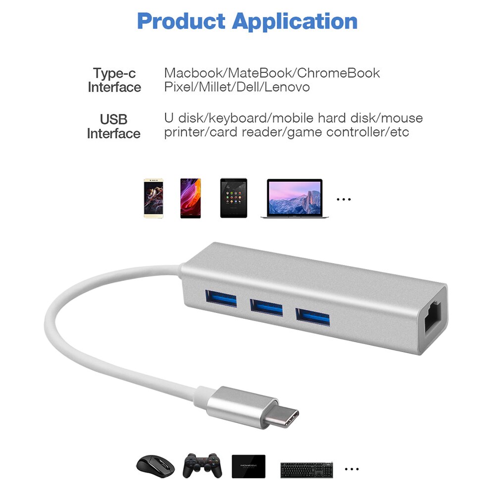 Kebidu Usb 3.0 Hub Type C Naar Ethernet Netwerk Adapter 1000 Mbps RJ45 Usb-C Met 3 Usb 3.0 poorten Usb Splitter Voor Macbook Pro