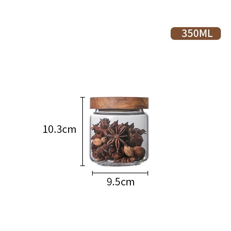 Armazenamento de cozinha tampa de madeira vidro hermético vasilha garrafas frascos recipiente de alimentos grãos chá grãos grãos grãos doces jar recipientes: 350ml