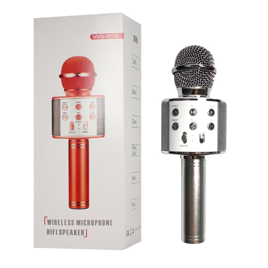 WS-858 Bluetooth Wireless Microphone Handheld Karaoke Mic USB Mini Home KTV For Music Playing Singing Speaker Player: Silver