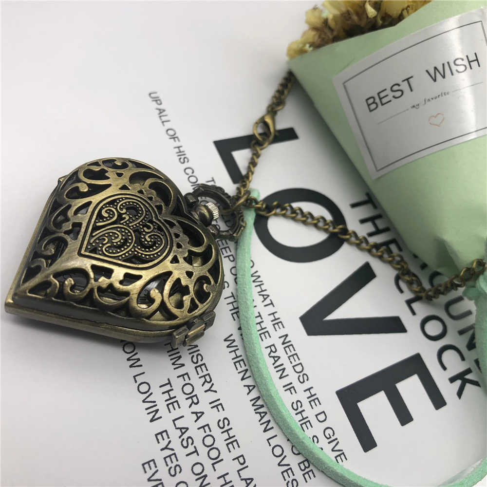 Antique Heart Shape Quartz Pocket Watch for Necklace Chain Lovely Girls Women Watches Girl Birthday CF1065
