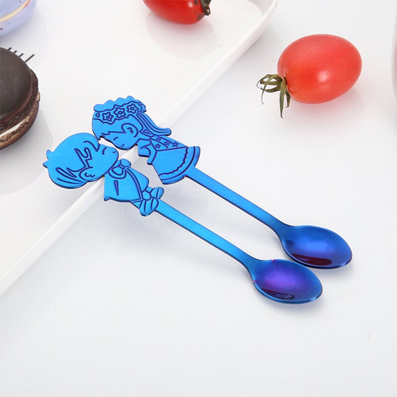 Obr 2 stuks koffielepels servies roestvrij staal theelepel cartoon paar vorm kleurrijk ijs dessertlepel keuken bestek: Blauw