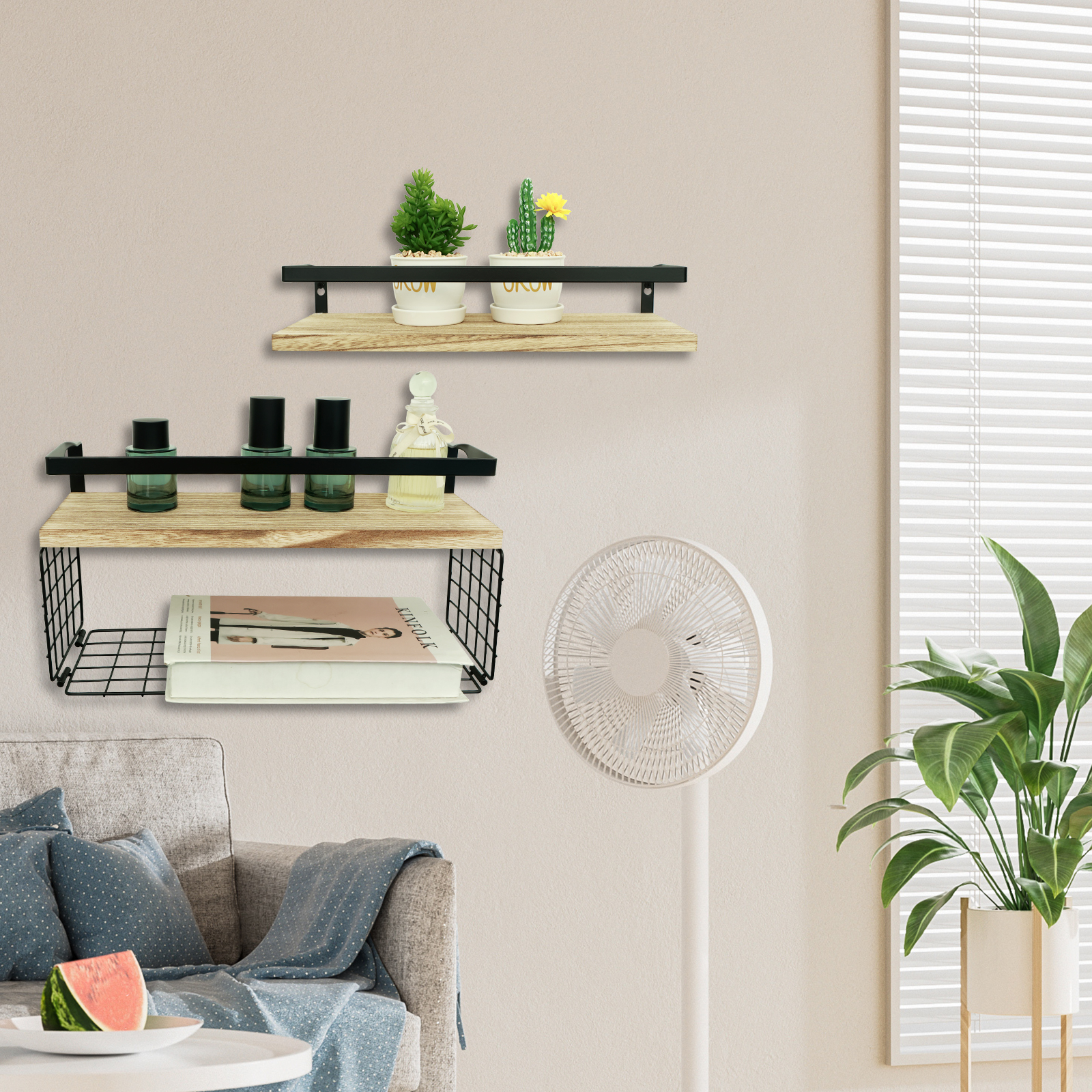 Estantes flotantes montados en la pared, estantería de madera para baño con barandilla protectora de Metal, estante de almacenamiento abierto resistente para cocina y baño