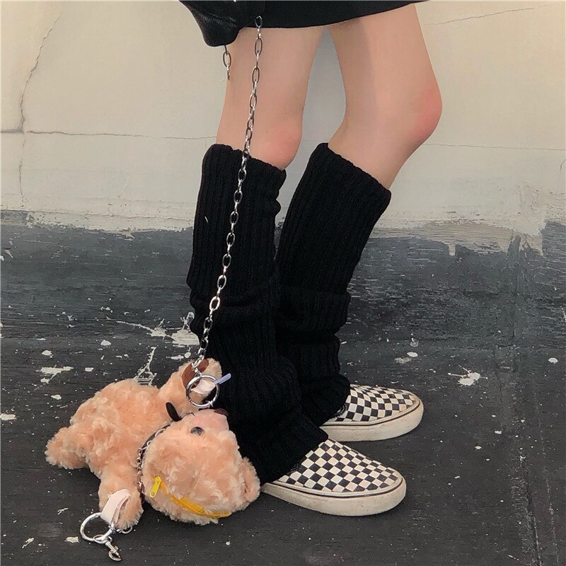 Sfree Punk Solid Black Cool Knit Long JK Socks Women Outdoor Knee High Elastic Leg Warmers Warm Japanese Hip-hop Rock Sock