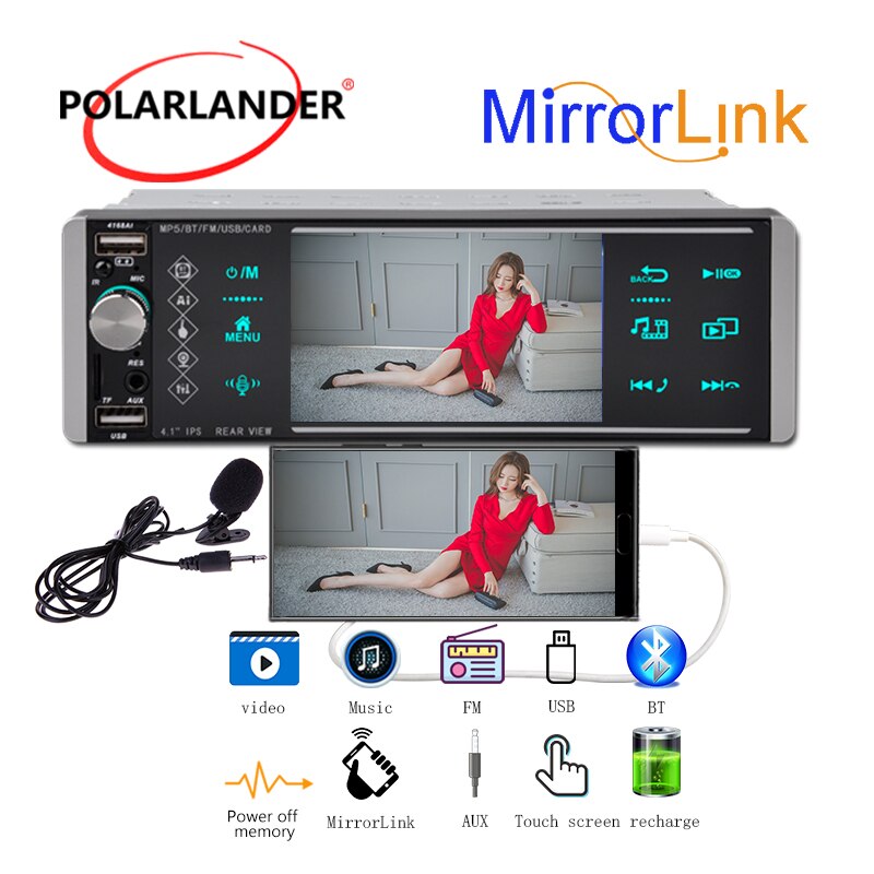 5.1 Inch 1 Din MP5 Auto Radio Kleurrijke Verlichting 12V Usb Aux Bluetooth Handsfree Bellen Ondersteuning Ai rm Rmvb MP3 Wma 720P 4 Kanalen: 4168A and microphone