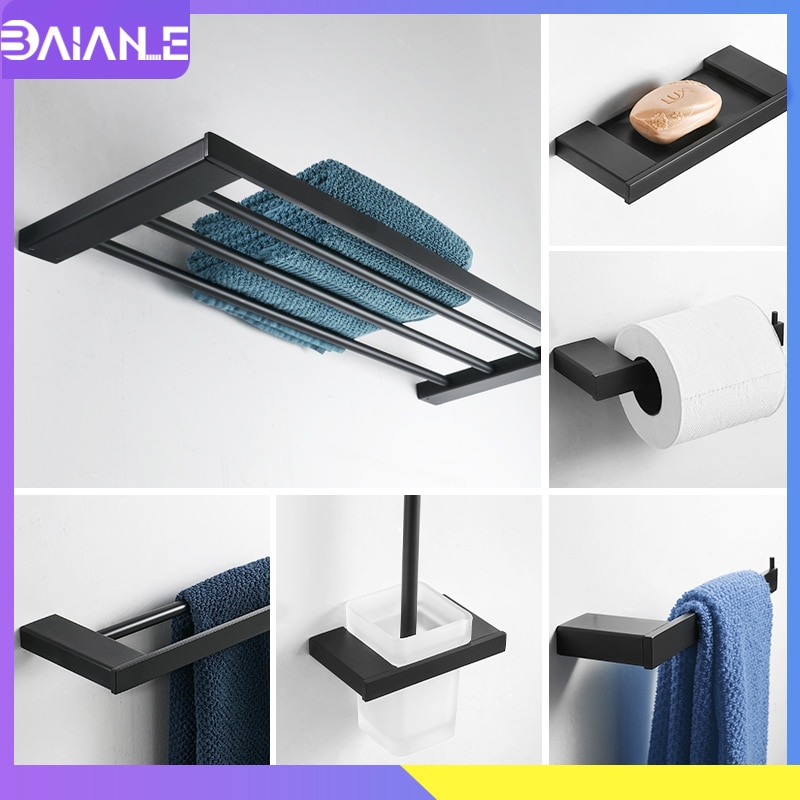Handdoek Houder Zwart Badkamer Rvs Handdoekenrek Opknoping Holder Handdoek Bar Toiletrolhouder Zeephouder Jas Haak Rack