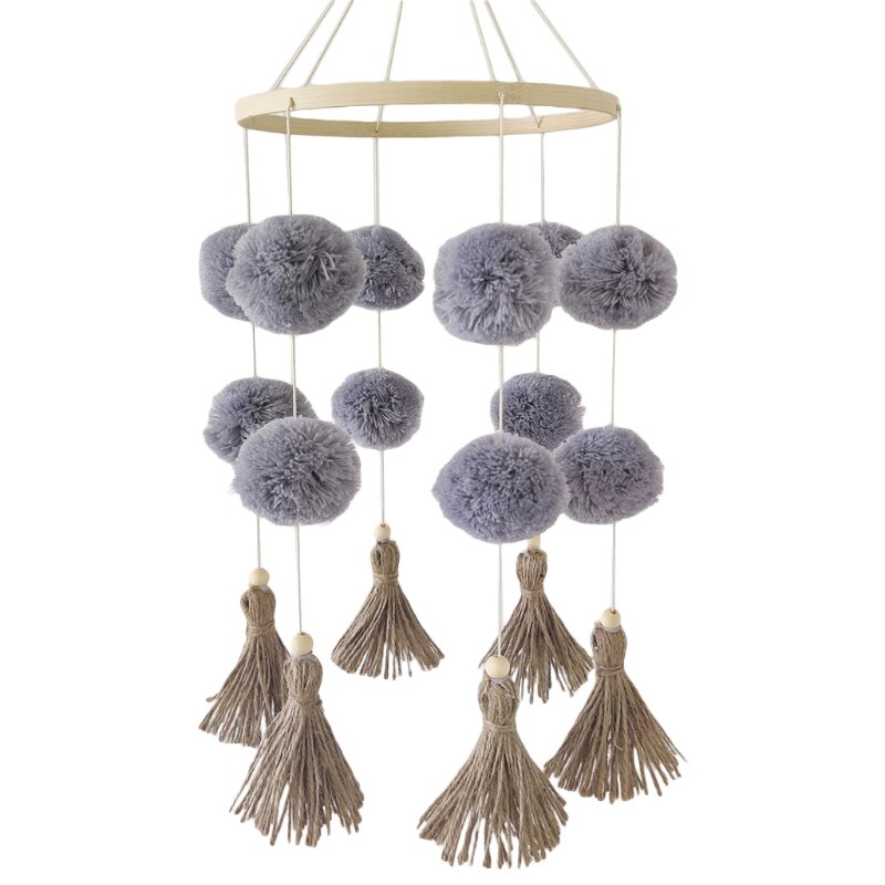Carillon à vent en bois pour bébé, Mobile, pompon coloré en peluche, boule suspendue: GRIS FONCÉ