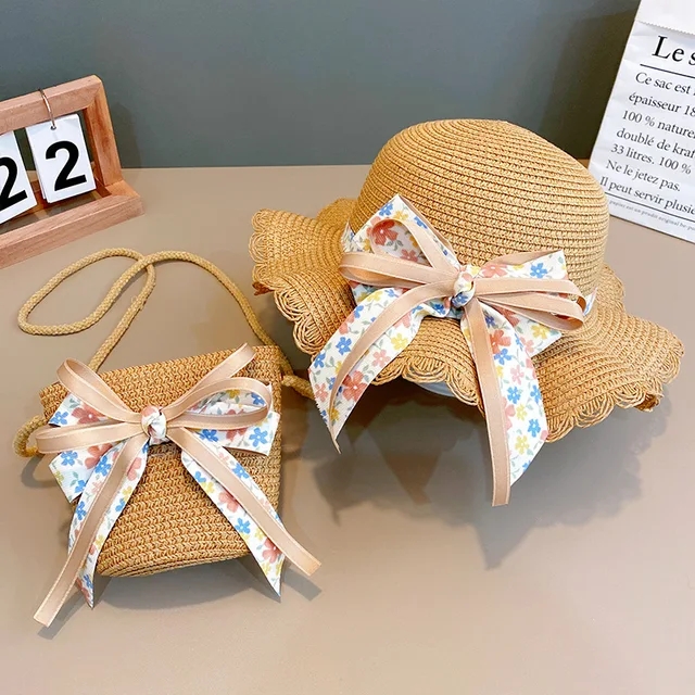 2024 neue Sommer Mädchen Strohhut Set Handtasche neue Blume Sonnenhut Strohhut Sonnenhut Kinder Mädchen Baby Strohhut Sombrero Sunset: Elfenbein