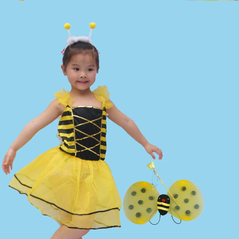 Yellow Bee Costume Dress Wing Magic Wand Headband Accessories Set for Girls Kids Carnival Dress Up Cosplay Birthday