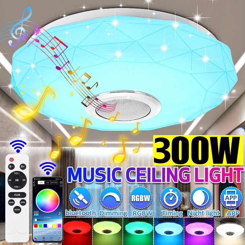 300w rgb dæmpbar musik loftlampe fjernbetjening & app kontrol loftslamper  ac180-265v til hjemmet bluetooth højttaler lysarmatur