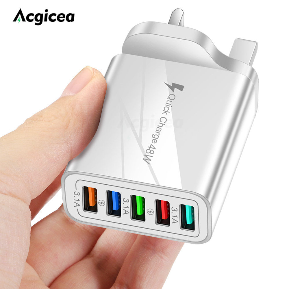 USB Charger Quick Charge 5 Port USB Charger For iPhone 12 13 Xiaomi Huawei Wall Mobile Phone Fast Travel Charger EU US UK Plug: white UK