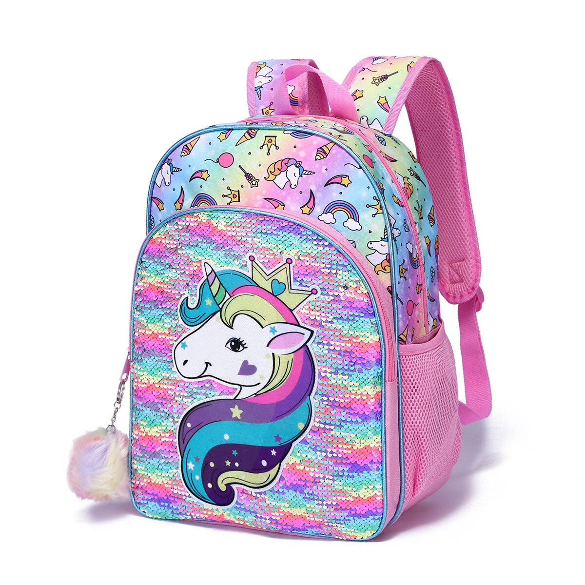 Leuke Eenhoorns Paard Sequin Stof Meisjes Kids Lunch Zakken Pen Zak Boekentas Drie Sets Student School Rugzak