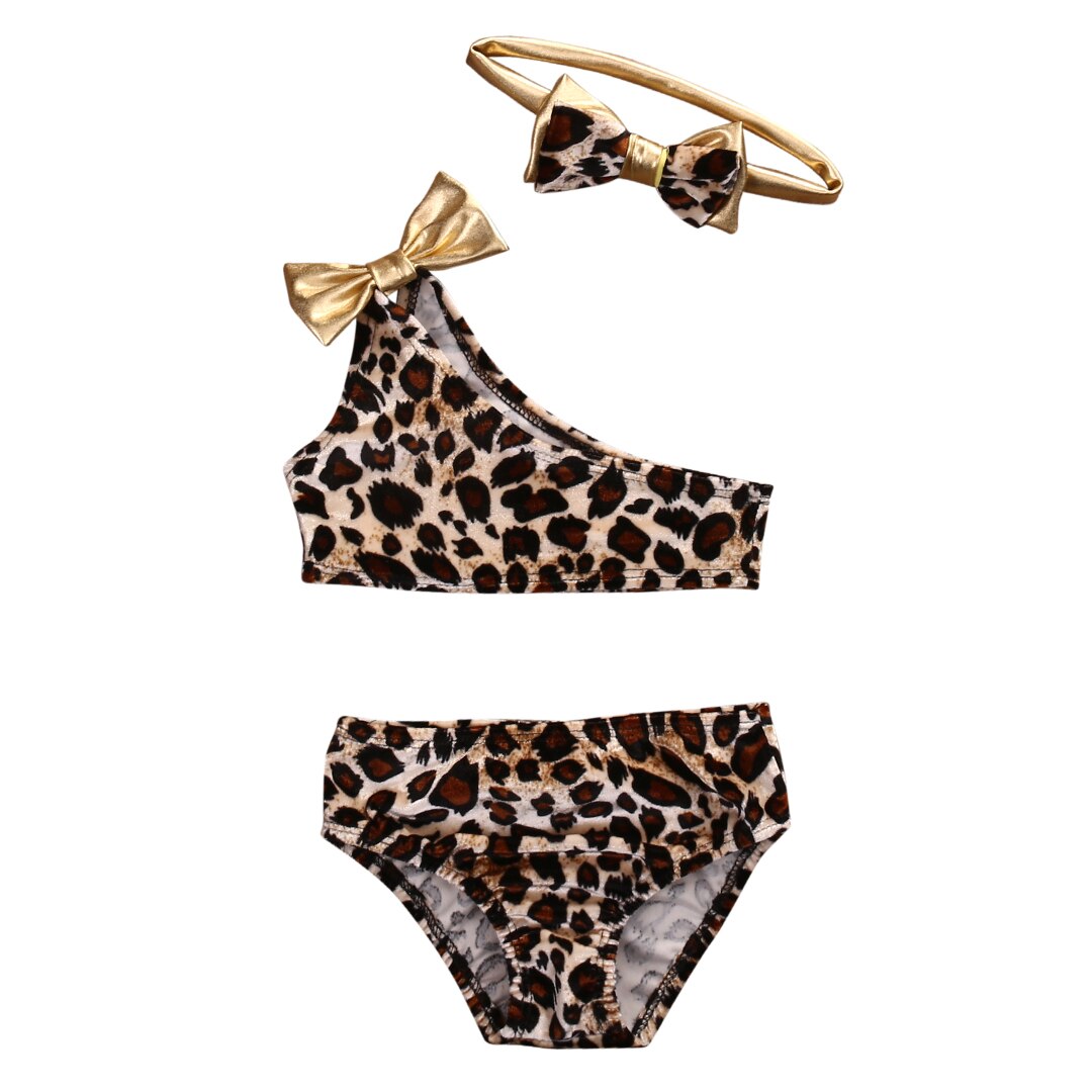 Kids Baby Meisjes Leopard Off-Schouder Boog Bikini Set 3Pcs Badmode Badpak Badpak Kostuum Kleding