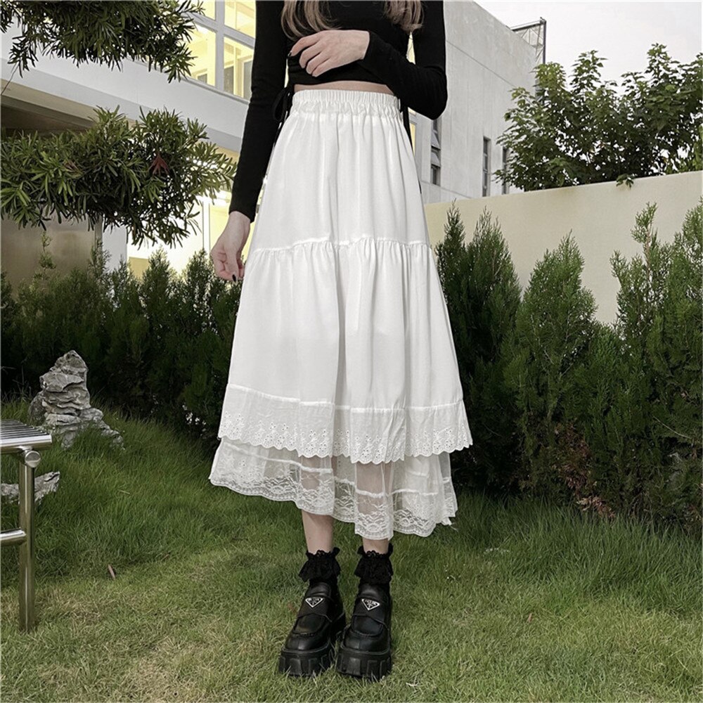 Jupe longue plissée noire et blanche pour femmes, Streetwear, couleur unie, décontractée, ample, élastique, taille haute, volants, doux