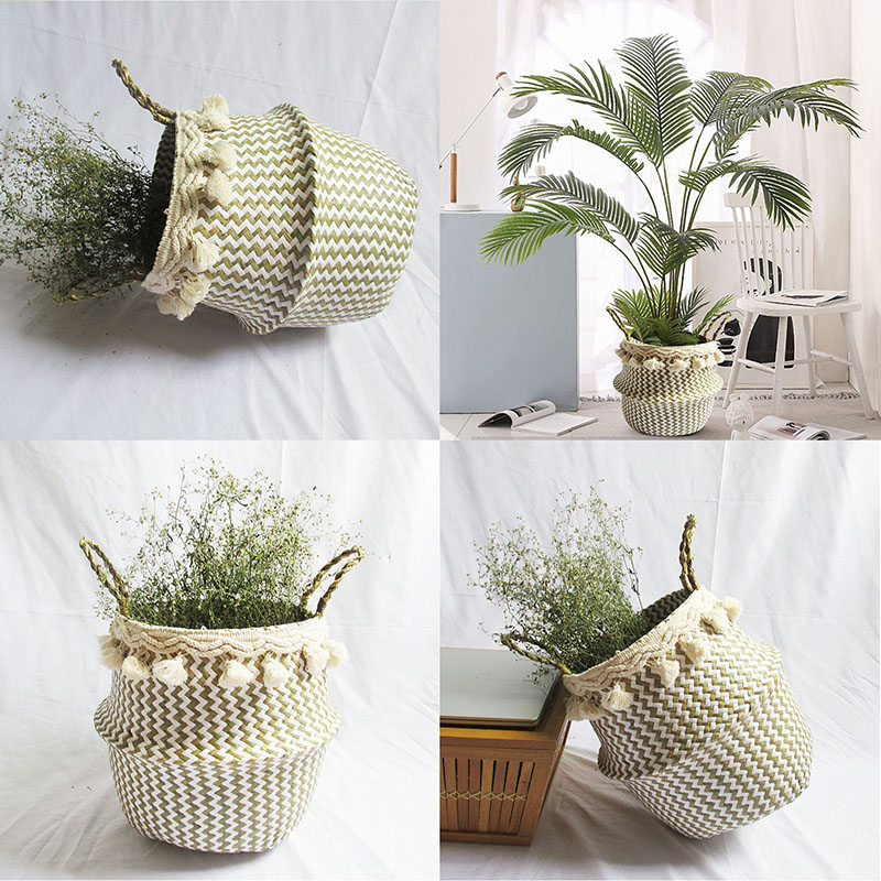 Cesta grande de mimbre plegable para almacenamiento de ropa, cestas decorativas con pompones, macetas de flores, organizador del hogar