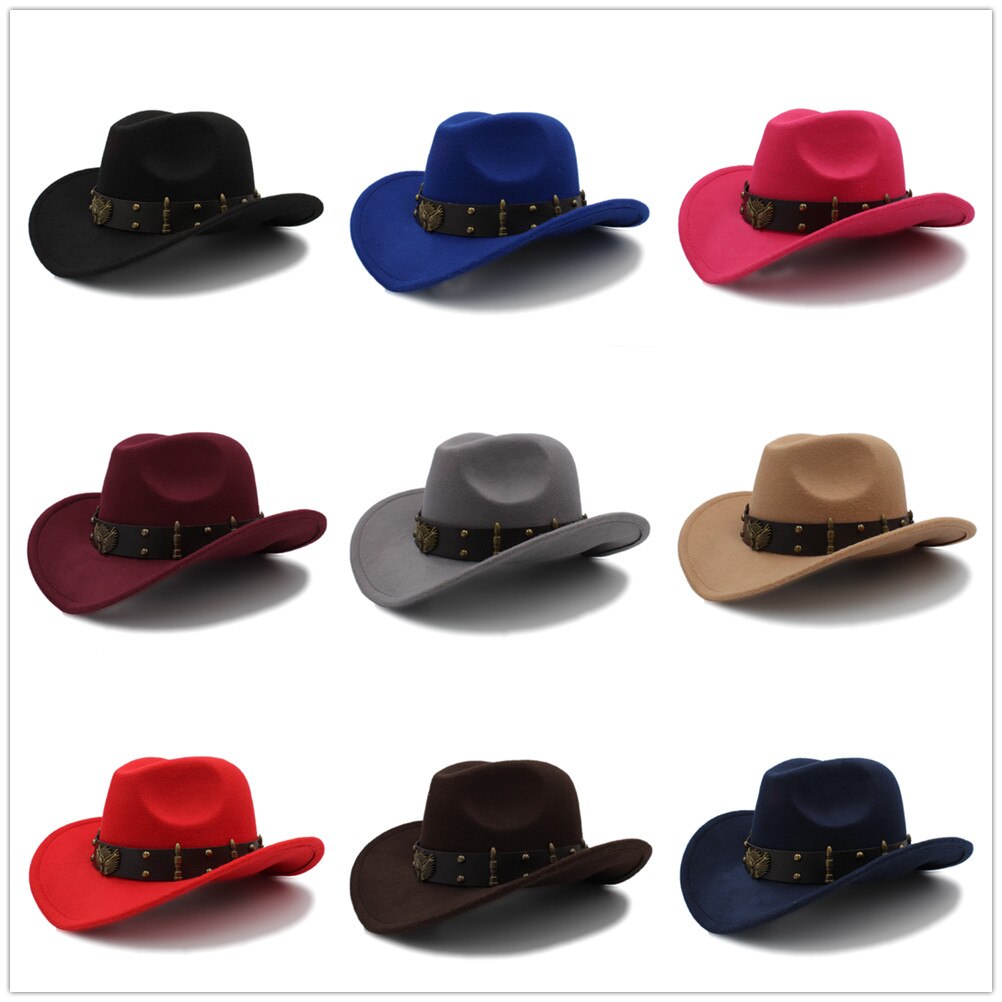 Wome Sombrero de lana negro Sombrero de Cowboy del oeste Jazz Sombrero de Hombre señora sombreros de vaquera tamaño 56-58 cm