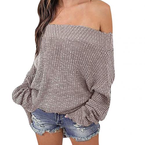 Damebluse efterår vinter ensfarvet langærmet off shoulder strikket løs sweater dame rullekrave: Khaki / M