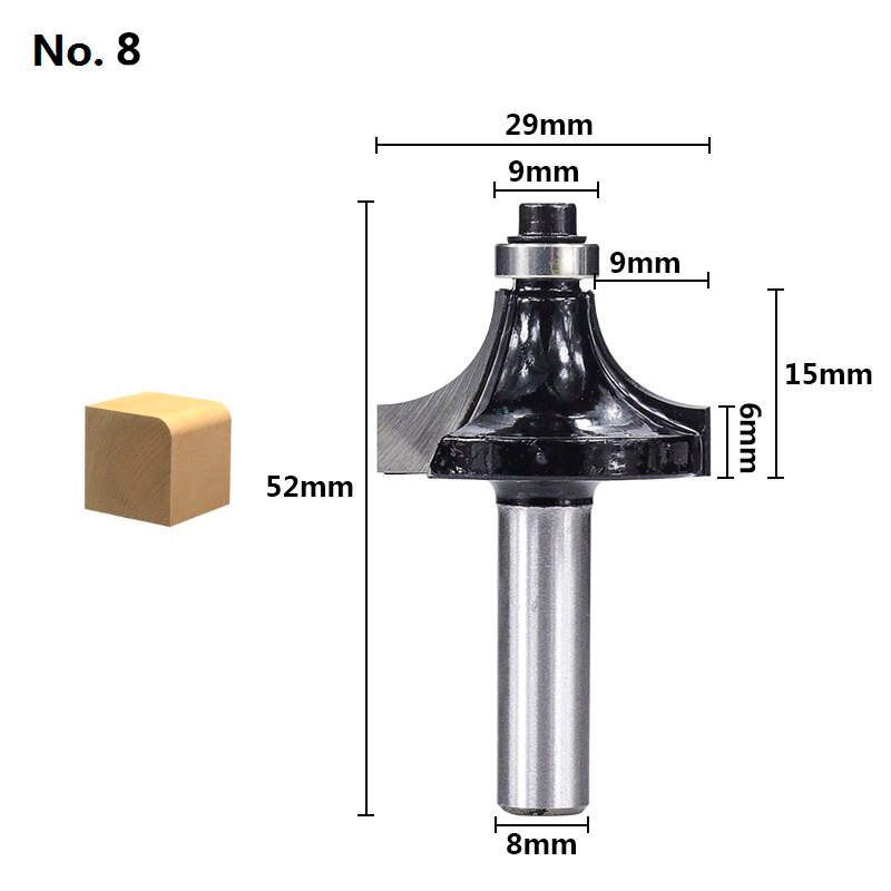 XCAN Corner Round Over Router Bit 8mm Shank Bearing Guide Carbide Milling Cutter Woodworking Tools End Mill: No.8