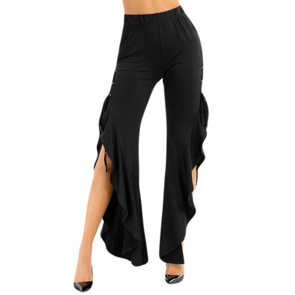 volants Flare pantalon femmes côté fente à lacets à volants pantalon doux solide poche pantalon Vintage Disco danse #3: L